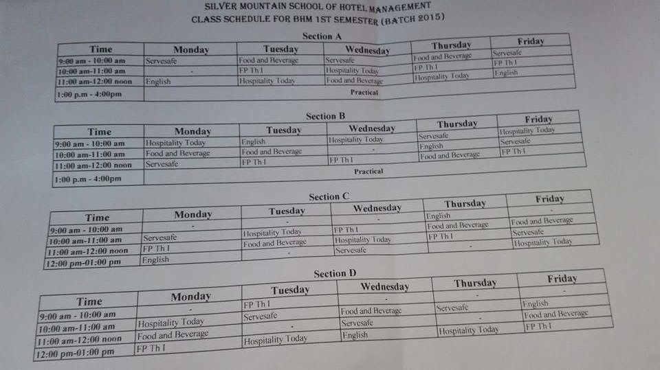 Section B is Sahara's class-schedule in SMSH