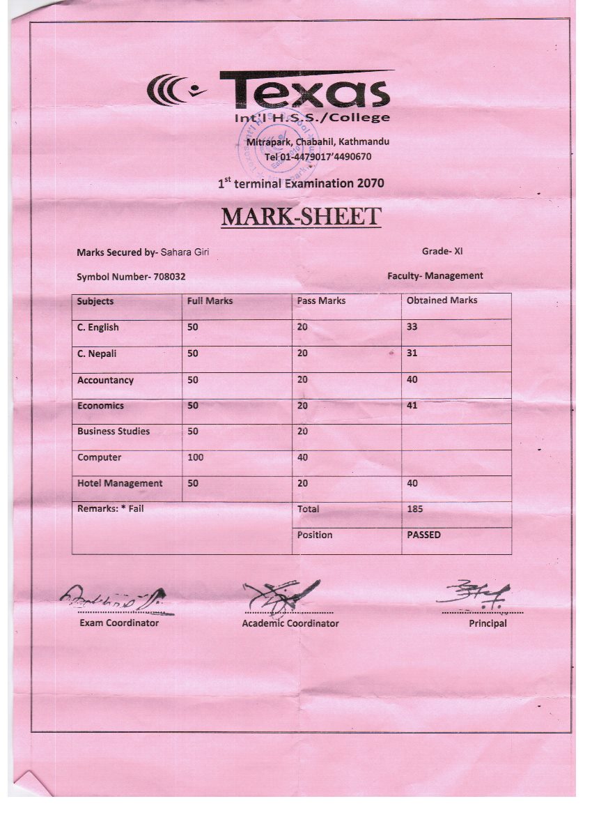 Sahara's Grade XI certificate