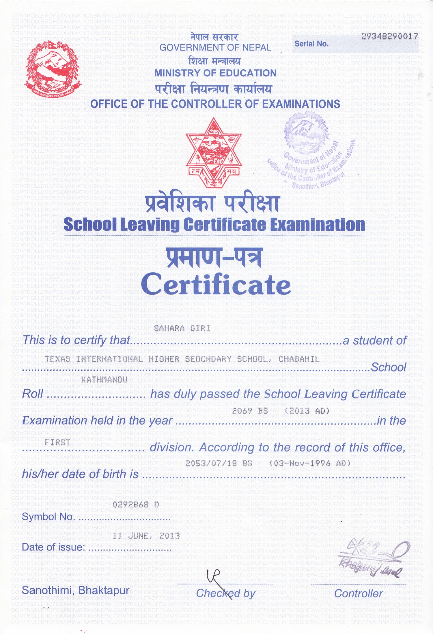 Sahara's SLC certificate